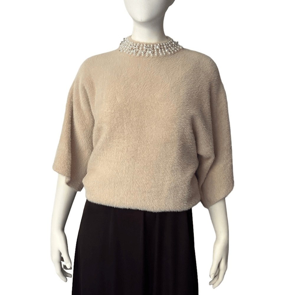 Alfani Womens Faux Fur Embellished Mock Turtleneck Sweater Tan M/cocoa butter